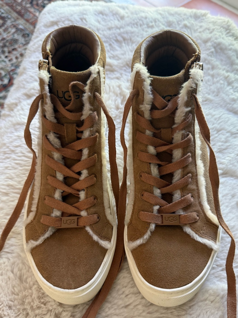 UGG Olli Women’s Chestnut Suede High top Sneakers with Shearling Trim size 8.5 - Picture 2 of 15